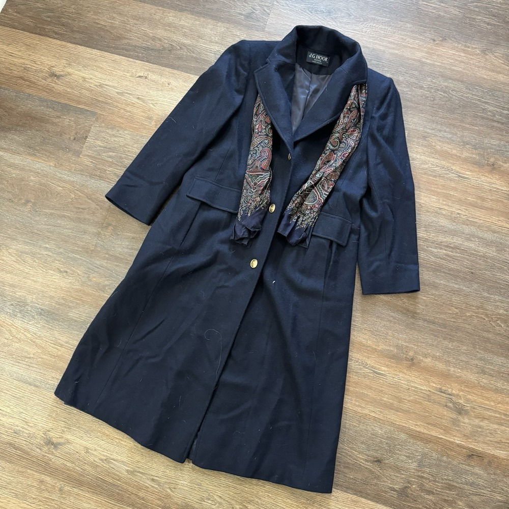 JG Hook‎ Navy Blue Long Peacoat Petite Women's Scarf USA Gold Merino Wool